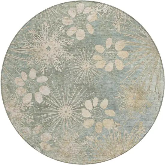 8' Artichoke Green And Beige Round Floral Washable Indoor Outdoor Area Rug Photo 2