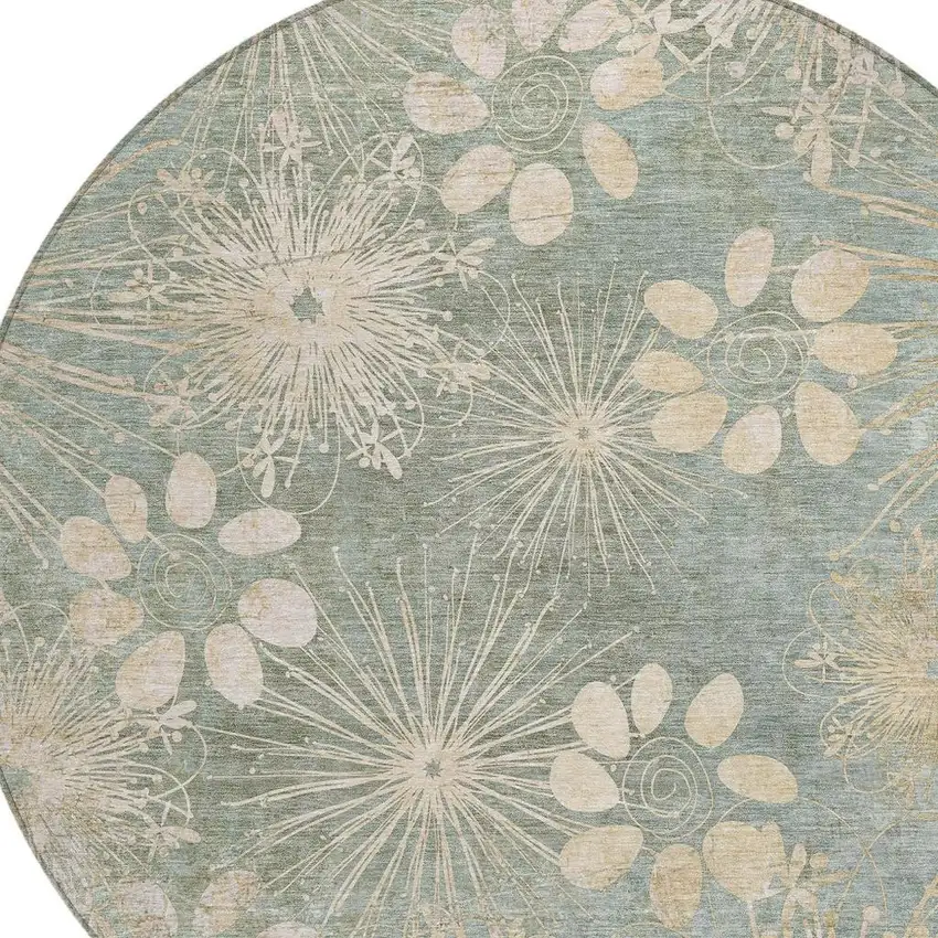 8' Artichoke Green And Beige Round Floral Washable Indoor Outdoor Area Rug Photo 6