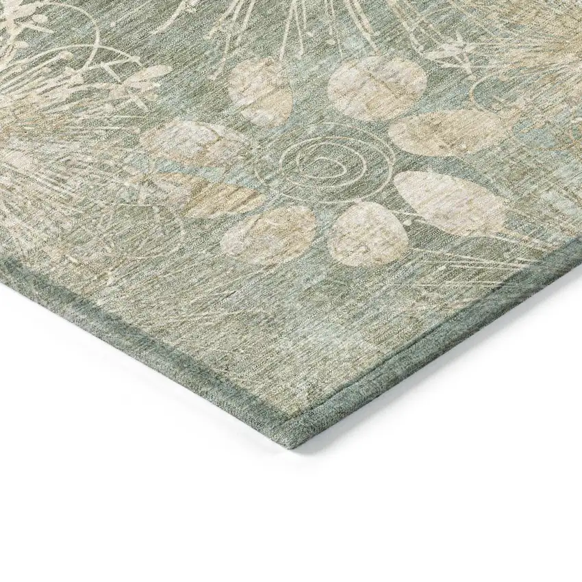 8' Artichoke Green And Beige Round Floral Washable Indoor Outdoor Area Rug Photo 5