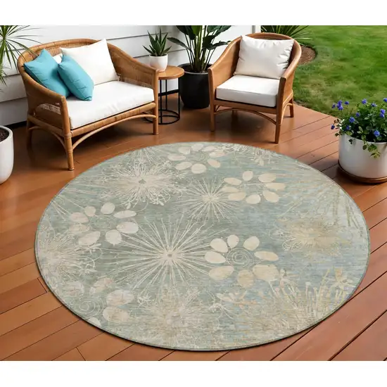 8' Artichoke Green And Beige Round Floral Washable Indoor Outdoor Area Rug Photo 1