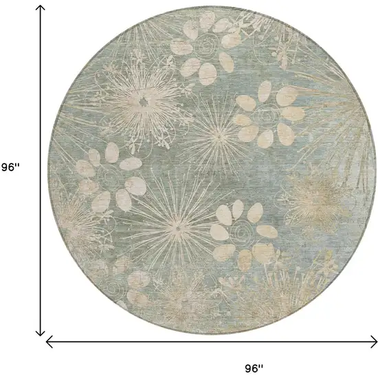 8' Artichoke Green And Beige Round Floral Washable Indoor Outdoor Area Rug Photo 3
