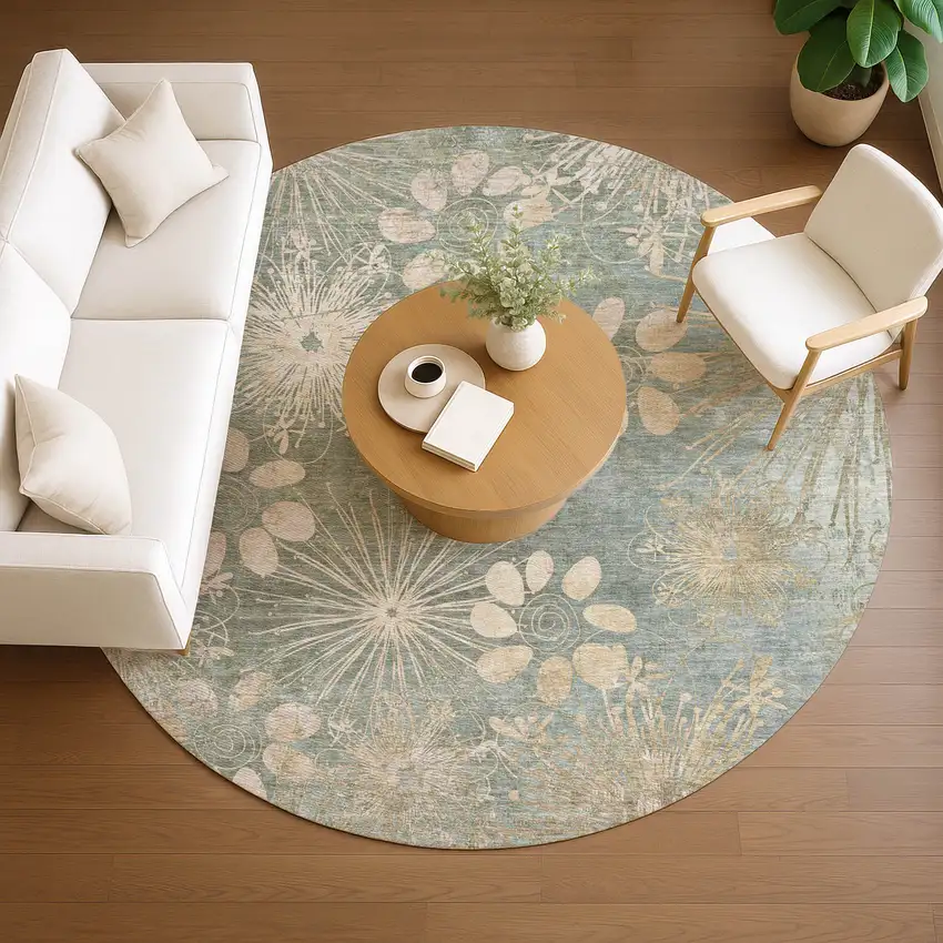 8' Artichoke Green And Beige Round Floral Washable Indoor Outdoor Area Rug Photo 9