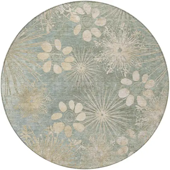 8' Artichoke Green And Beige Round Floral Washable Indoor Outdoor Area Rug Photo 4