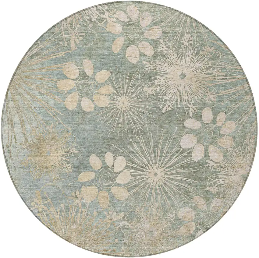 8' Artichoke Green And Beige Round Floral Washable Indoor Outdoor Area Rug Photo 4
