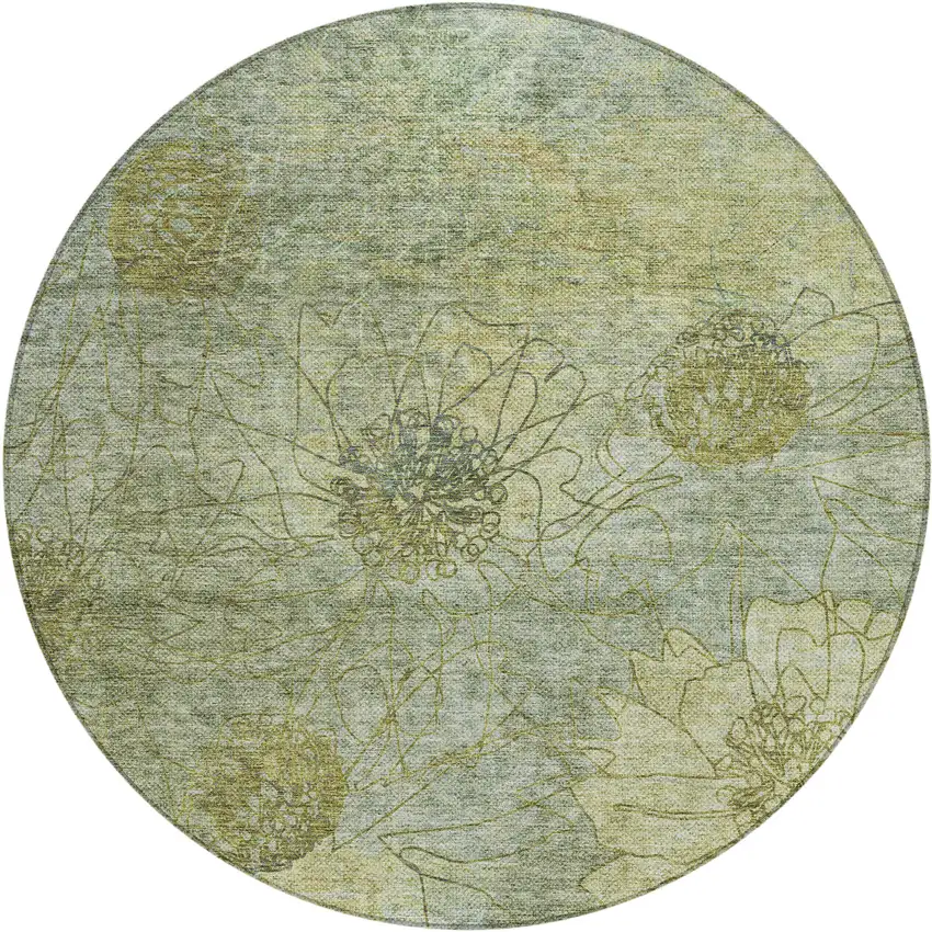 8' Artichoke Green And Beige Round Floral Washable Indoor Outdoor Area Rug Photo 2