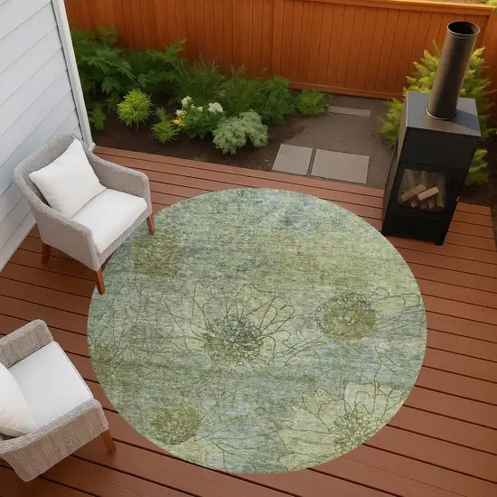 8' Artichoke Green And Beige Round Floral Washable Indoor Outdoor Area Rug Photo 7