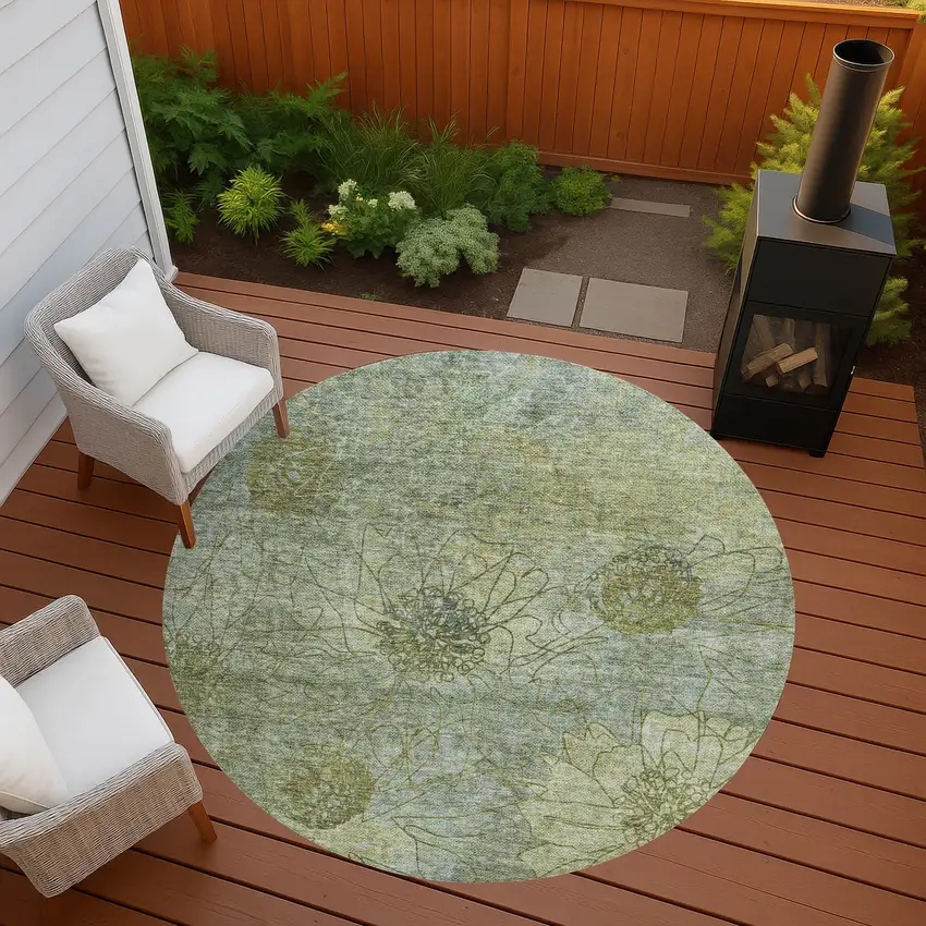 8' Artichoke Green And Beige Round Floral Washable Indoor Outdoor Area Rug Photo 7