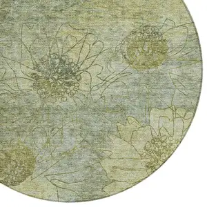 Photo of 8' Artichoke Green And Beige Round Floral Washable Indoor Outdoor Area Rug