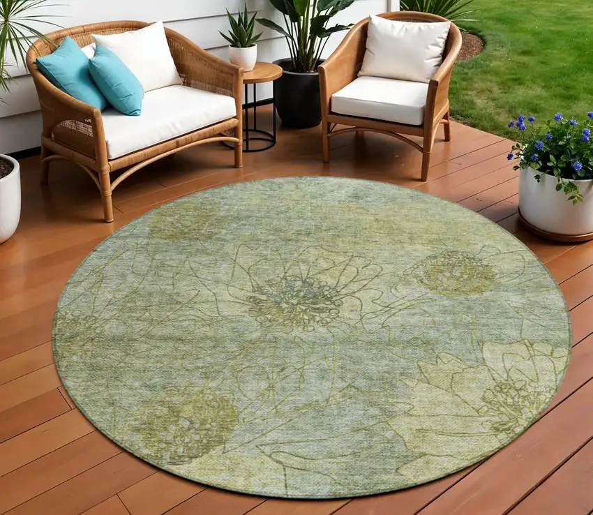 8' Artichoke Green And Beige Round Floral Washable Indoor Outdoor Area Rug Photo 1