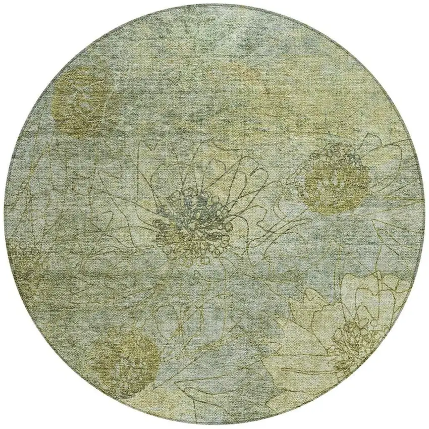 8' Artichoke Green And Beige Round Floral Washable Indoor Outdoor Area Rug Photo 4
