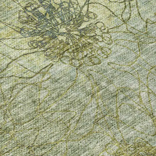 8' Artichoke Green And Beige Round Floral Washable Indoor Outdoor Area Rug Photo 9