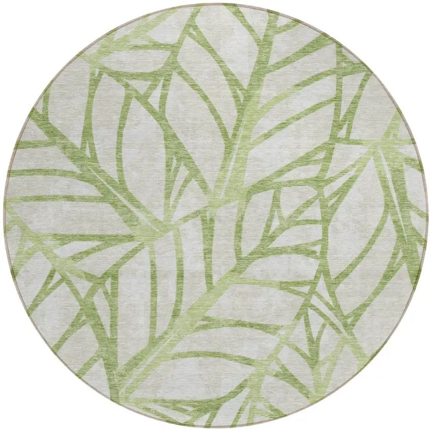 8' Artichoke Green And Beige Round Floral Washable Indoor Outdoor Area Rug Photo 1
