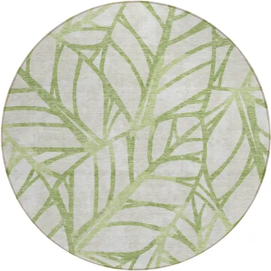 8' Artichoke Green And Beige Round Floral Washable Indoor Outdoor Area Rug Photo 1