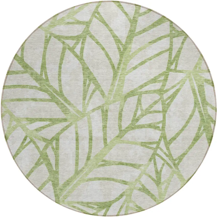 8' Artichoke Green And Beige Round Floral Washable Indoor Outdoor Area Rug Photo 1