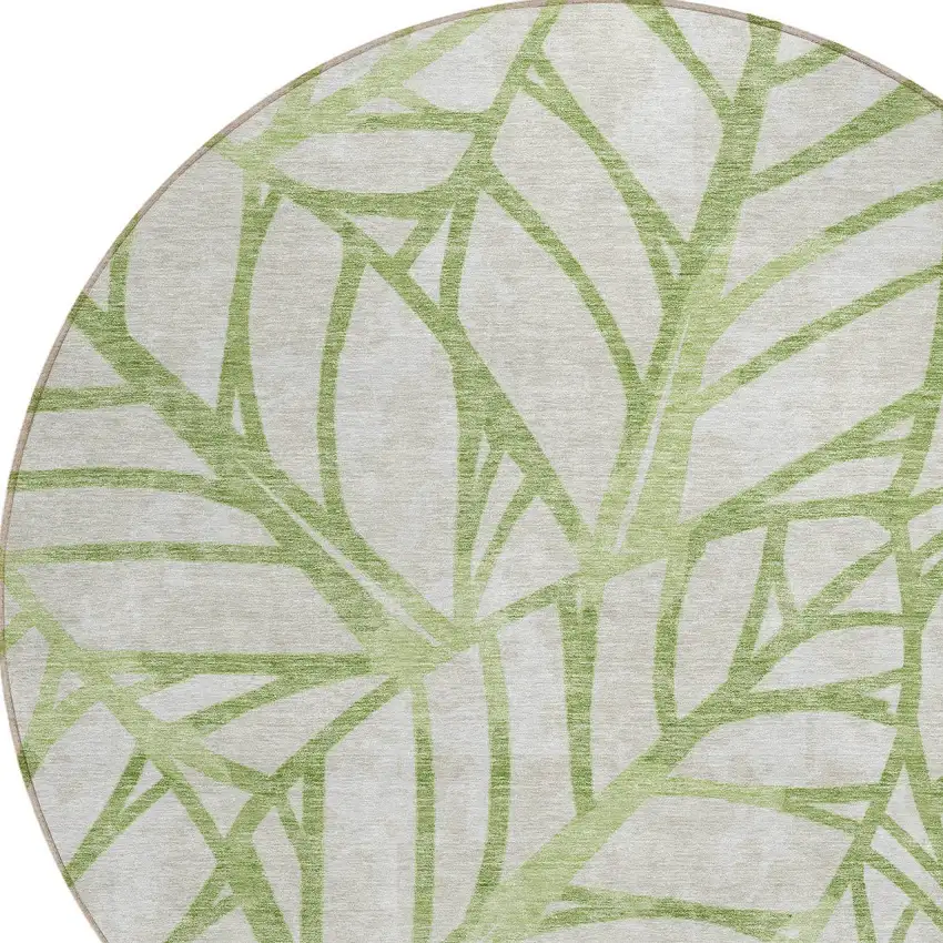 8' Artichoke Green And Beige Round Floral Washable Indoor Outdoor Area Rug Photo 4