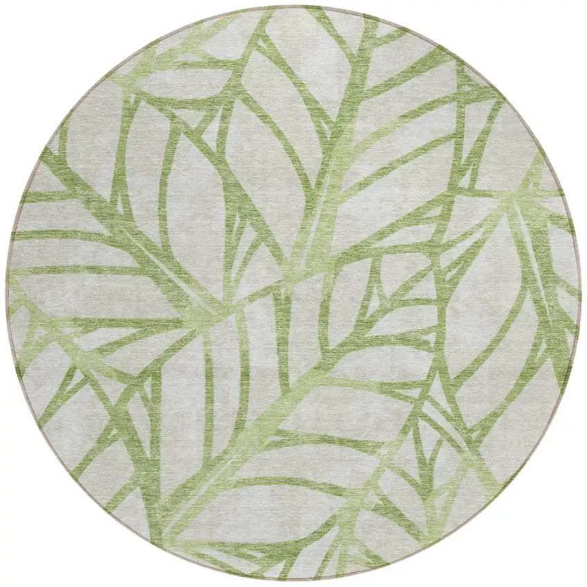 8' Artichoke Green And Beige Round Floral Washable Indoor Outdoor Area Rug Photo 5
