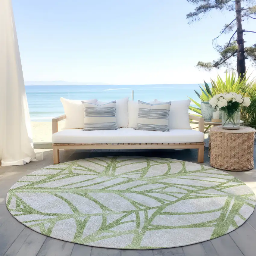 8' Artichoke Green And Beige Round Floral Washable Indoor Outdoor Area Rug Photo 6