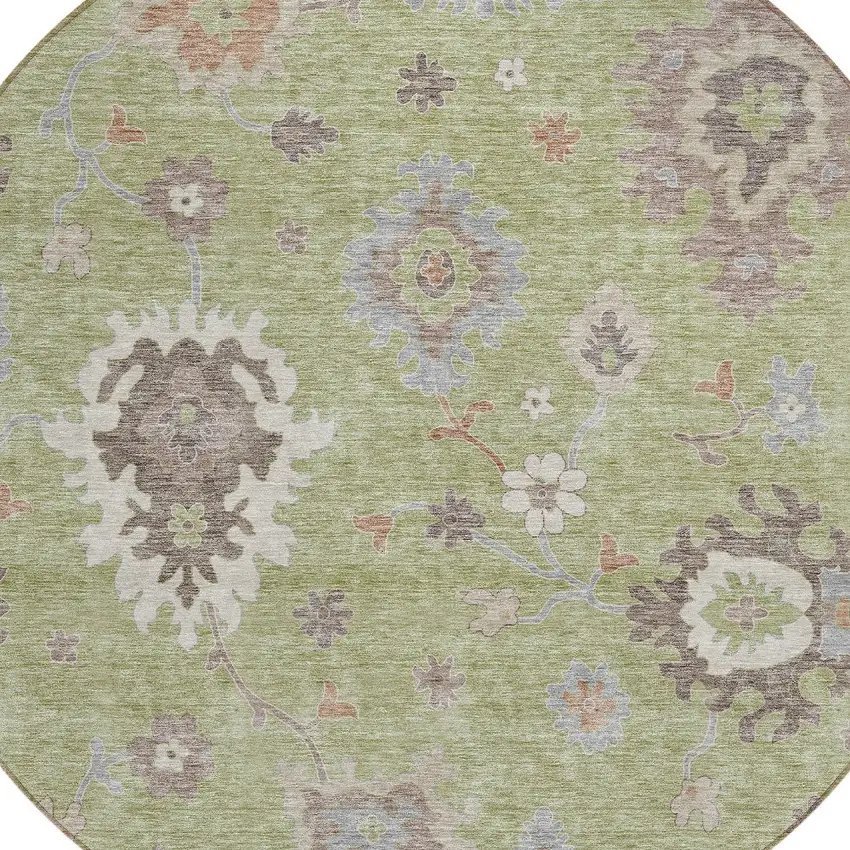8' Artichoke Green And Beige Round Floral Washable Indoor Outdoor Area Rug Photo 5