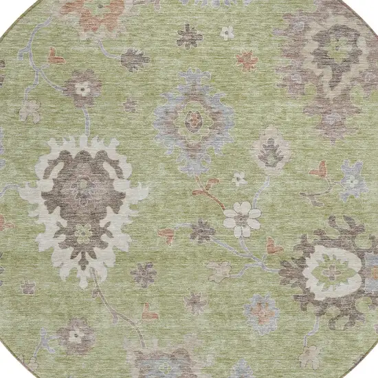 8' Artichoke Green And Beige Round Floral Washable Indoor Outdoor Area Rug Photo 5