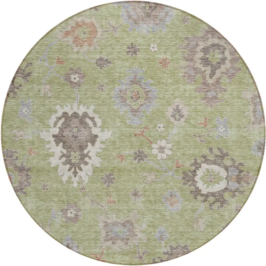 8' Artichoke Green And Beige Round Floral Washable Indoor Outdoor Area Rug Photo 1