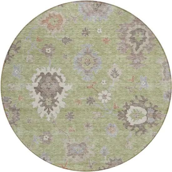 8' Artichoke Green And Beige Round Floral Washable Indoor Outdoor Area Rug Photo 1