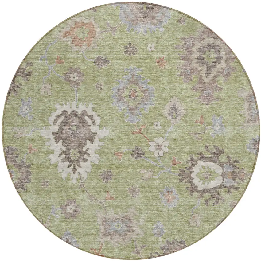 8' Artichoke Green And Beige Round Floral Washable Indoor Outdoor Area Rug Photo 1