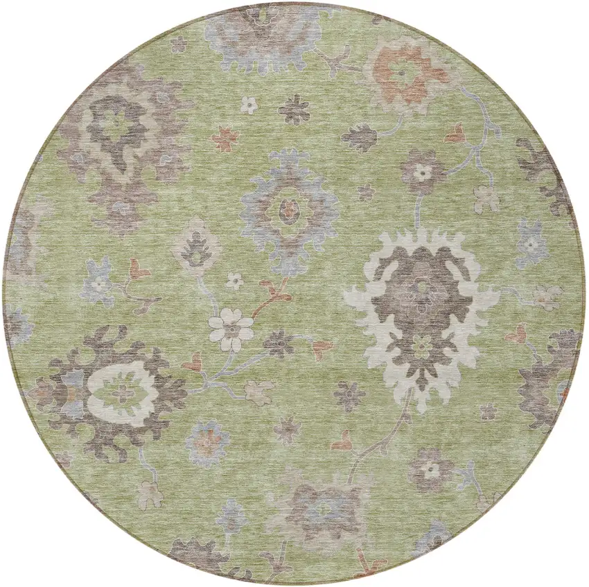 8' Artichoke Green And Beige Round Floral Washable Indoor Outdoor Area Rug Photo 6