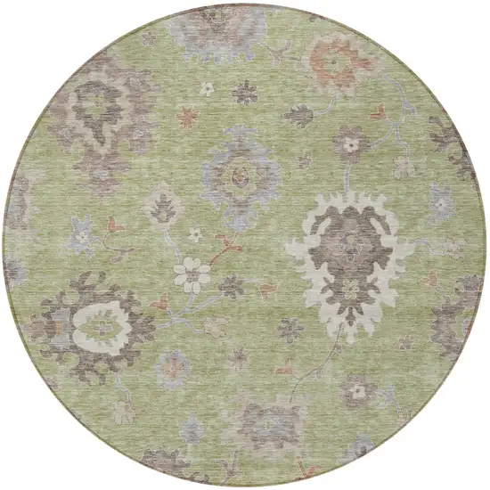 8' Artichoke Green And Beige Round Floral Washable Indoor Outdoor Area Rug Photo 6