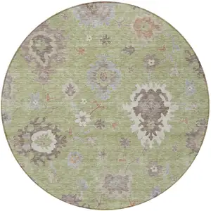 Photo of 8' Artichoke Green And Beige Round Floral Washable Indoor Outdoor Area Rug
