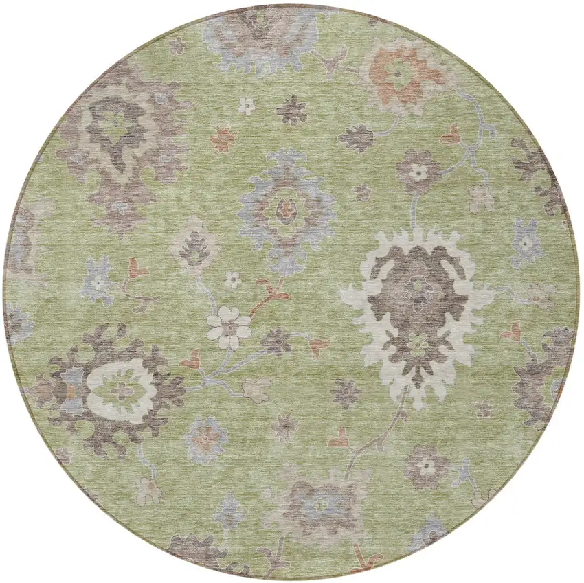 8' Artichoke Green And Beige Round Floral Washable Indoor Outdoor Area Rug Photo 6