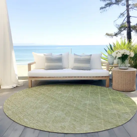 8' Artichoke Green And Beige Round Geometric Washable Indoor Outdoor Area Rug Photo 6