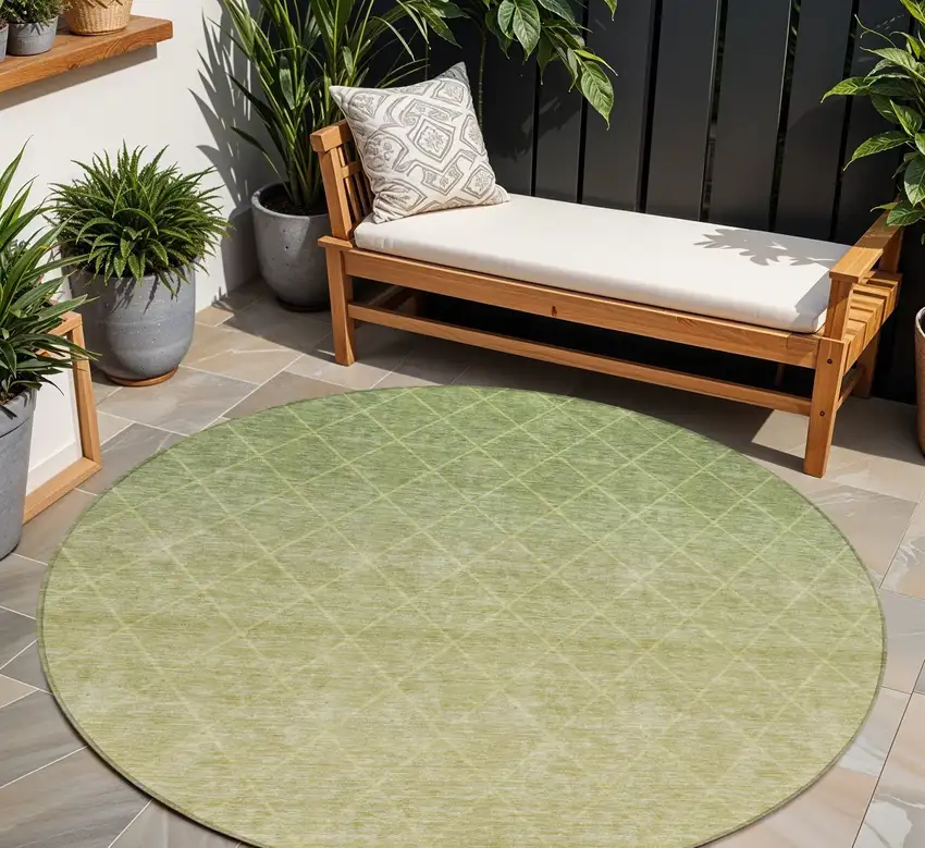 8' Artichoke Green And Beige Round Geometric Washable Indoor Outdoor Area Rug Photo 1