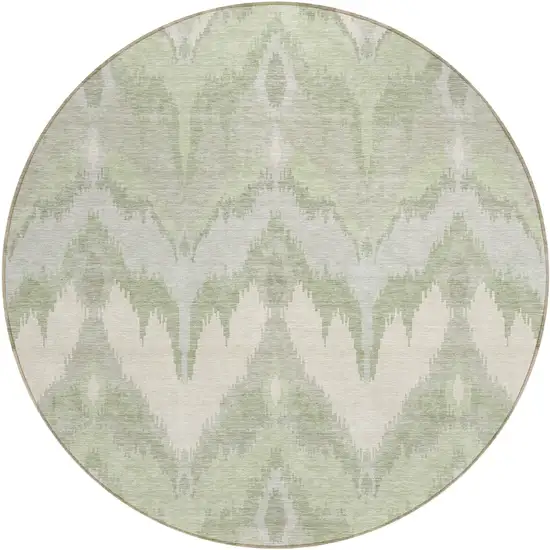 8' Artichoke Green And Beige Round Ikat Washable Indoor Outdoor Area Rug Photo 1