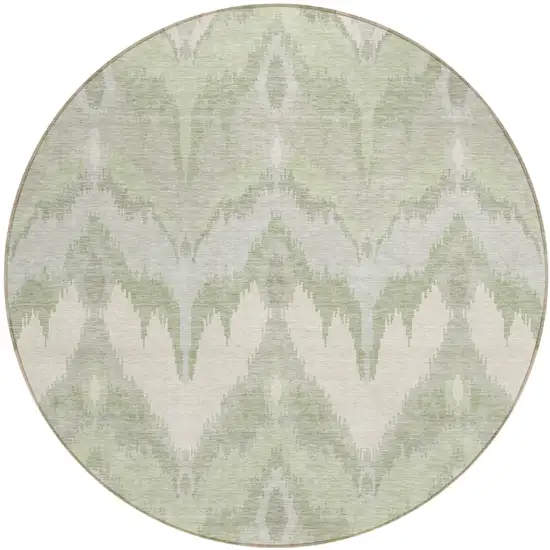8' Artichoke Green And Beige Round Ikat Washable Indoor Outdoor Area Rug Photo 1