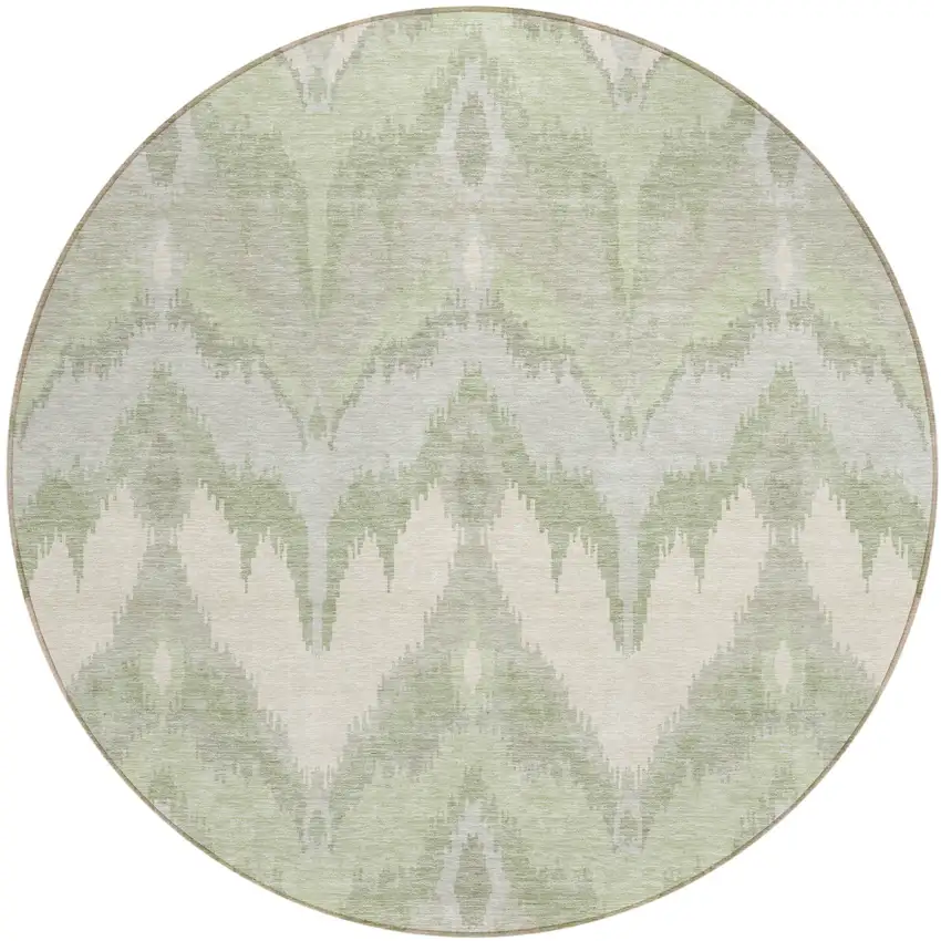 8' Artichoke Green And Beige Round Ikat Washable Indoor Outdoor Area Rug Photo 1