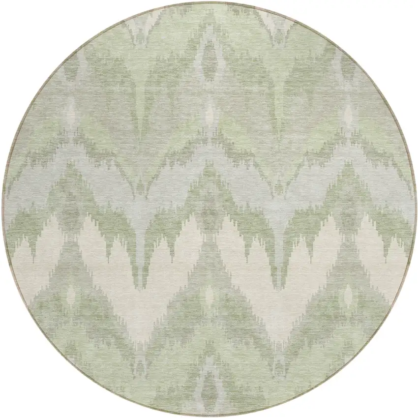 8' Artichoke Green And Beige Round Ikat Washable Indoor Outdoor Area Rug Photo 1
