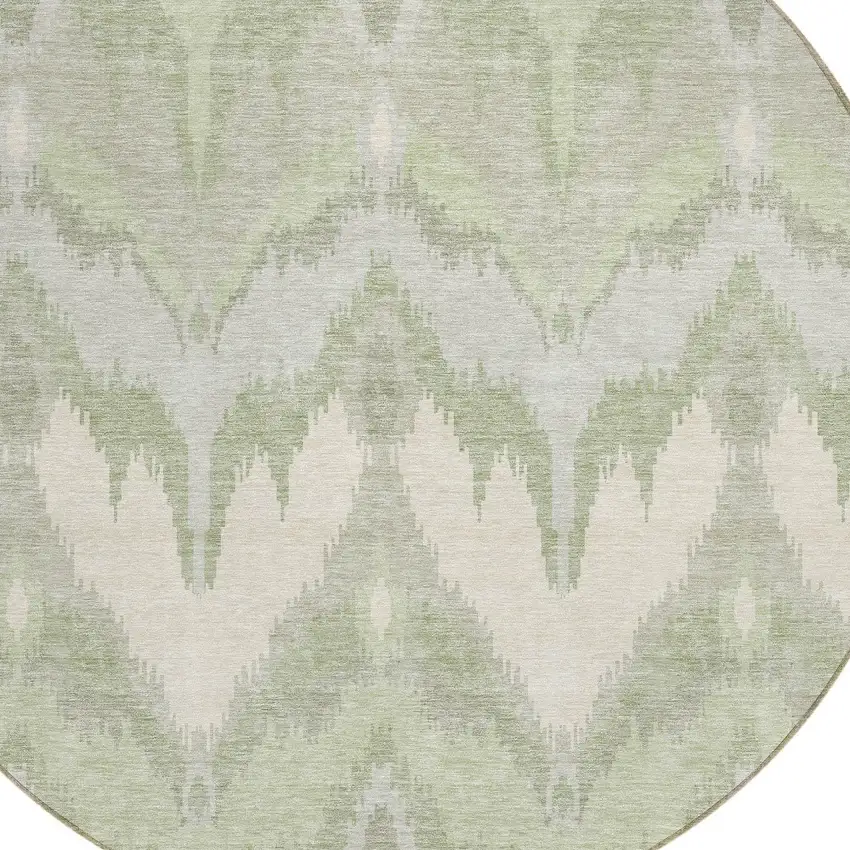 8' Artichoke Green And Beige Round Ikat Washable Indoor Outdoor Area Rug Photo 4