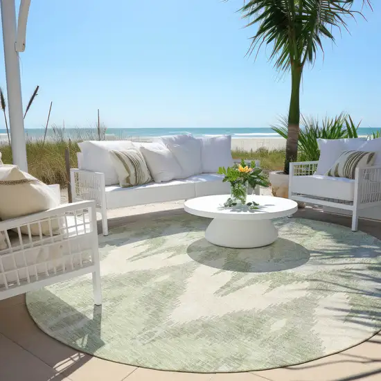 8' Artichoke Green And Beige Round Ikat Washable Indoor Outdoor Area Rug Photo 6