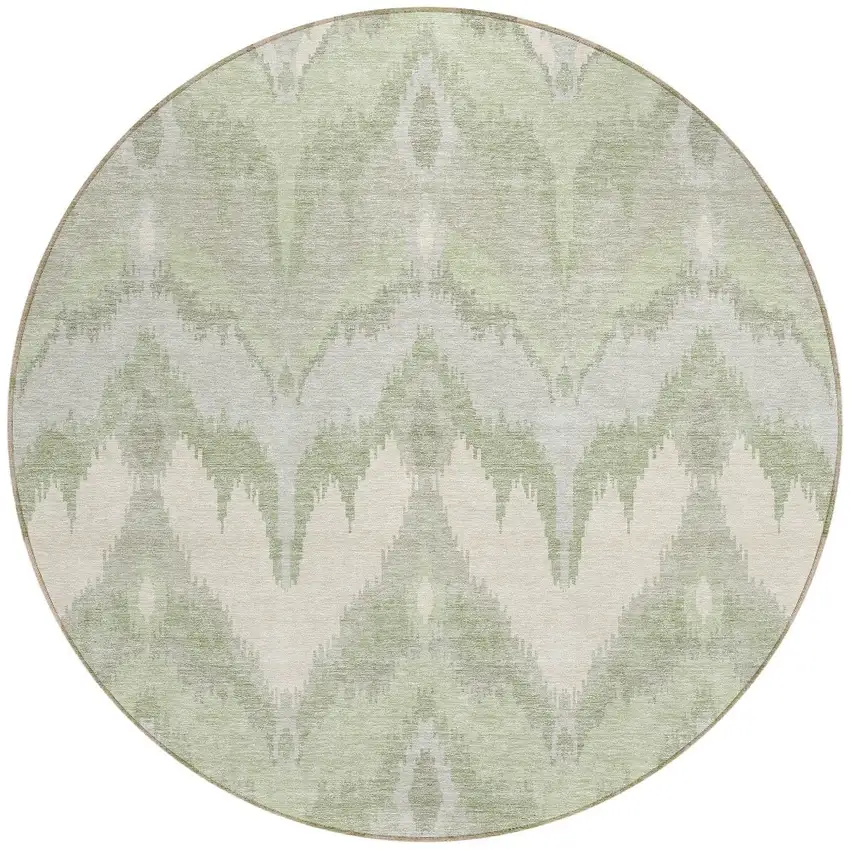 8' Artichoke Green And Beige Round Ikat Washable Indoor Outdoor Area Rug Photo 5