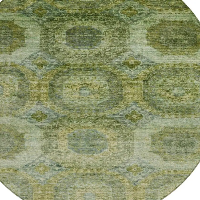 8' Artichoke Green And Beige Round Medallion Washable Indoor Outdoor Area Rug Photo 4