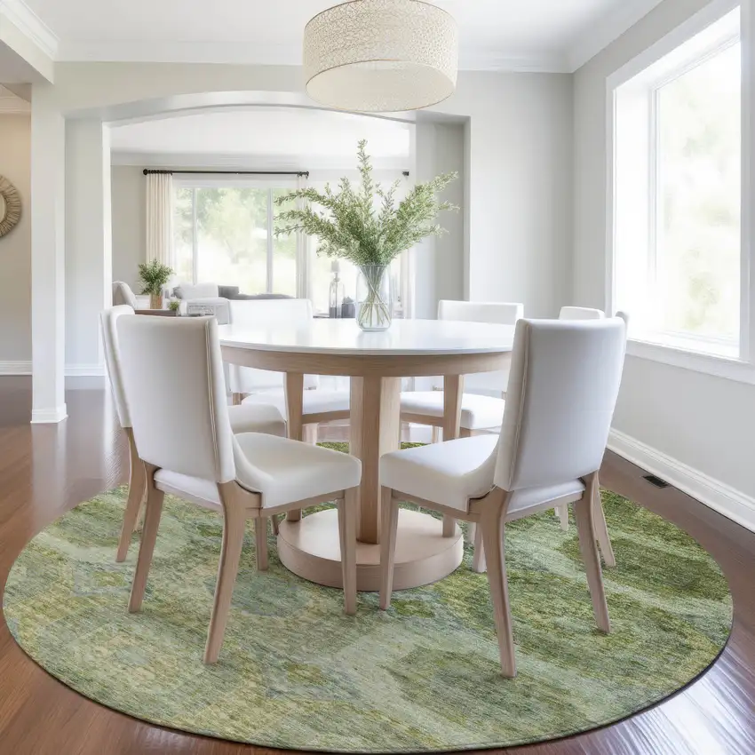 8' Artichoke Green And Beige Round Medallion Washable Indoor Outdoor Area Rug Photo 6