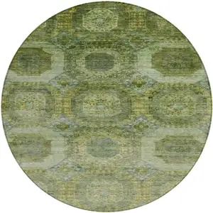 Photo of 8' Artichoke Green And Beige Round Medallion Washable Indoor Outdoor Area Rug