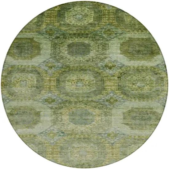 8' Artichoke Green And Beige Round Medallion Washable Indoor Outdoor Area Rug Photo 1