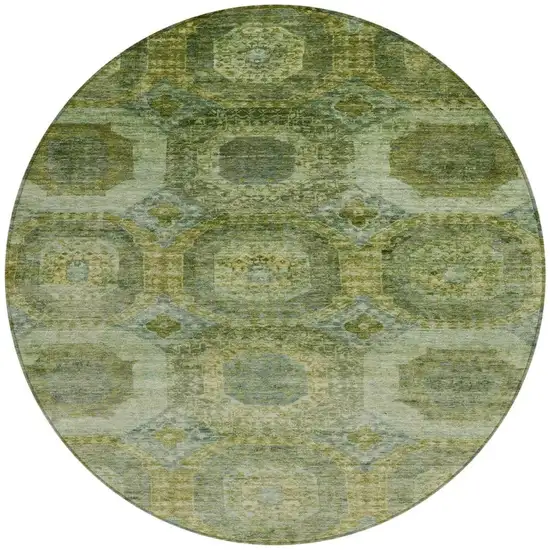 8' Artichoke Green And Beige Round Medallion Washable Indoor Outdoor Area Rug Photo 3