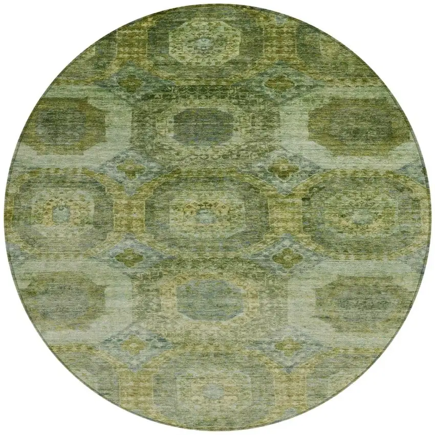 8' Artichoke Green And Beige Round Medallion Washable Indoor Outdoor Area Rug Photo 3