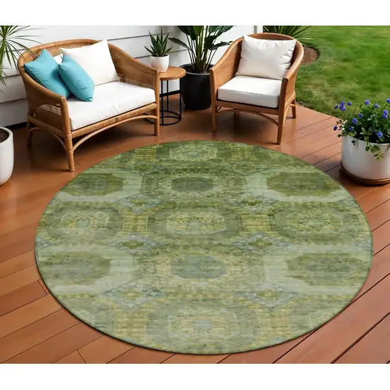 8' Artichoke Green And Beige Round Medallion Washable Indoor Outdoor Area Rug Photo 2
