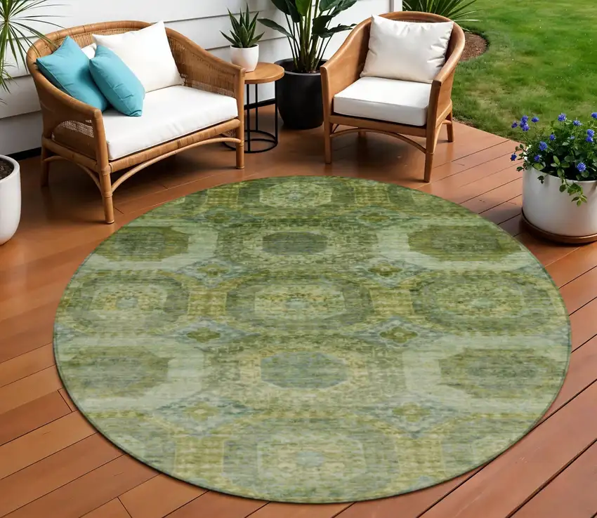 8' Artichoke Green And Beige Round Medallion Washable Indoor Outdoor Area Rug Photo 2