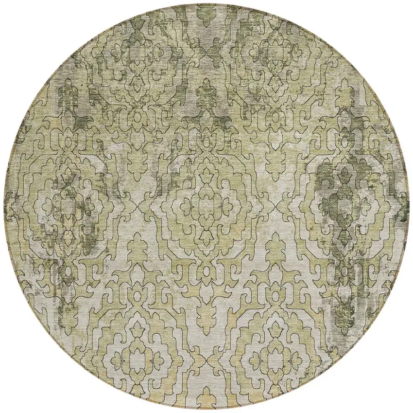 8' Artichoke Green And Beige Round Medallion Washable Indoor Outdoor Area Rug Photo 5