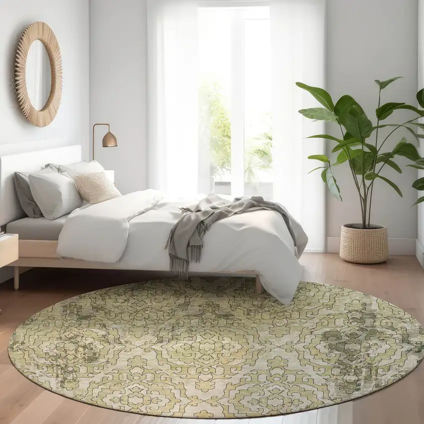 8' Artichoke Green And Beige Round Medallion Washable Indoor Outdoor Area Rug Photo 7