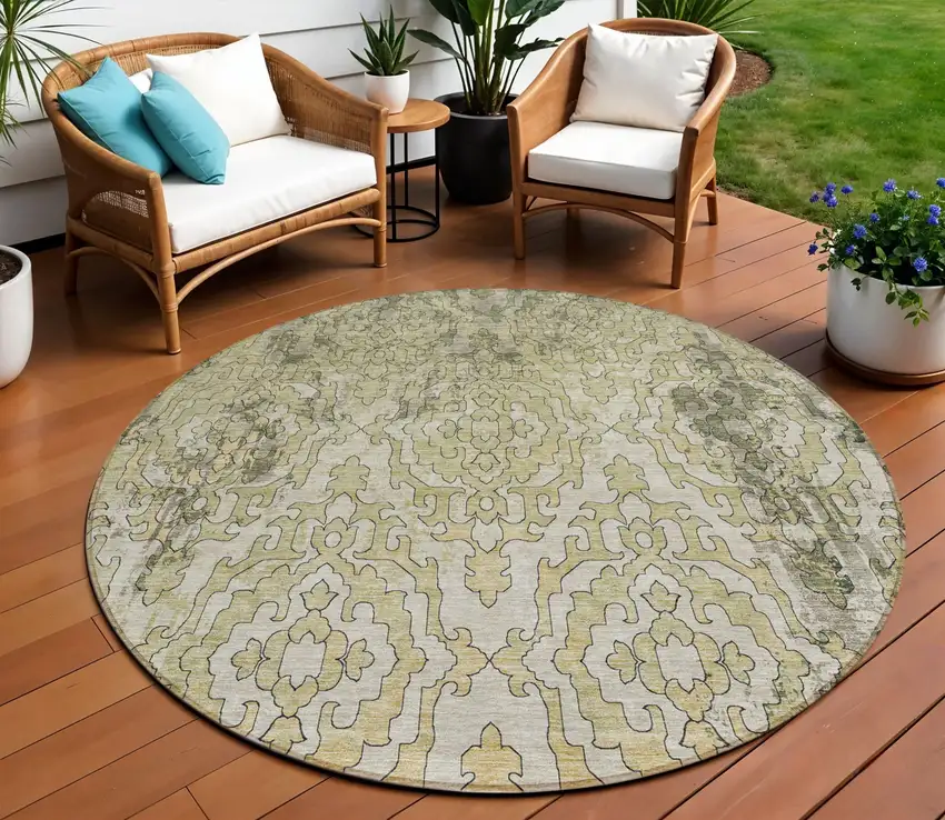 8' Artichoke Green And Beige Round Medallion Washable Indoor Outdoor Area Rug Photo 1